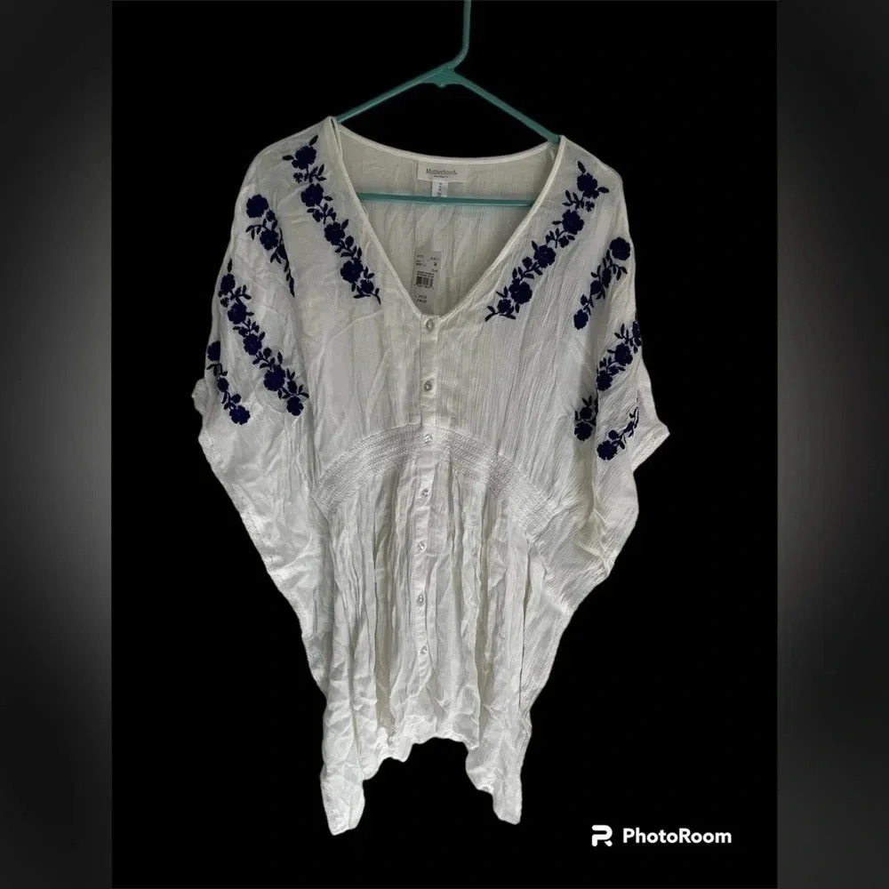 Motherhood Maternity White top with blue cross stitching design size medium